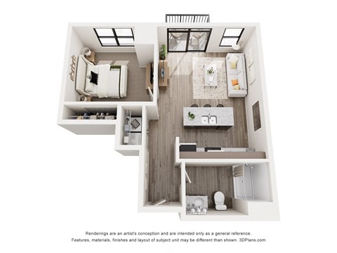 Floor plan for 1 bed, 1 bath, 690 sqft